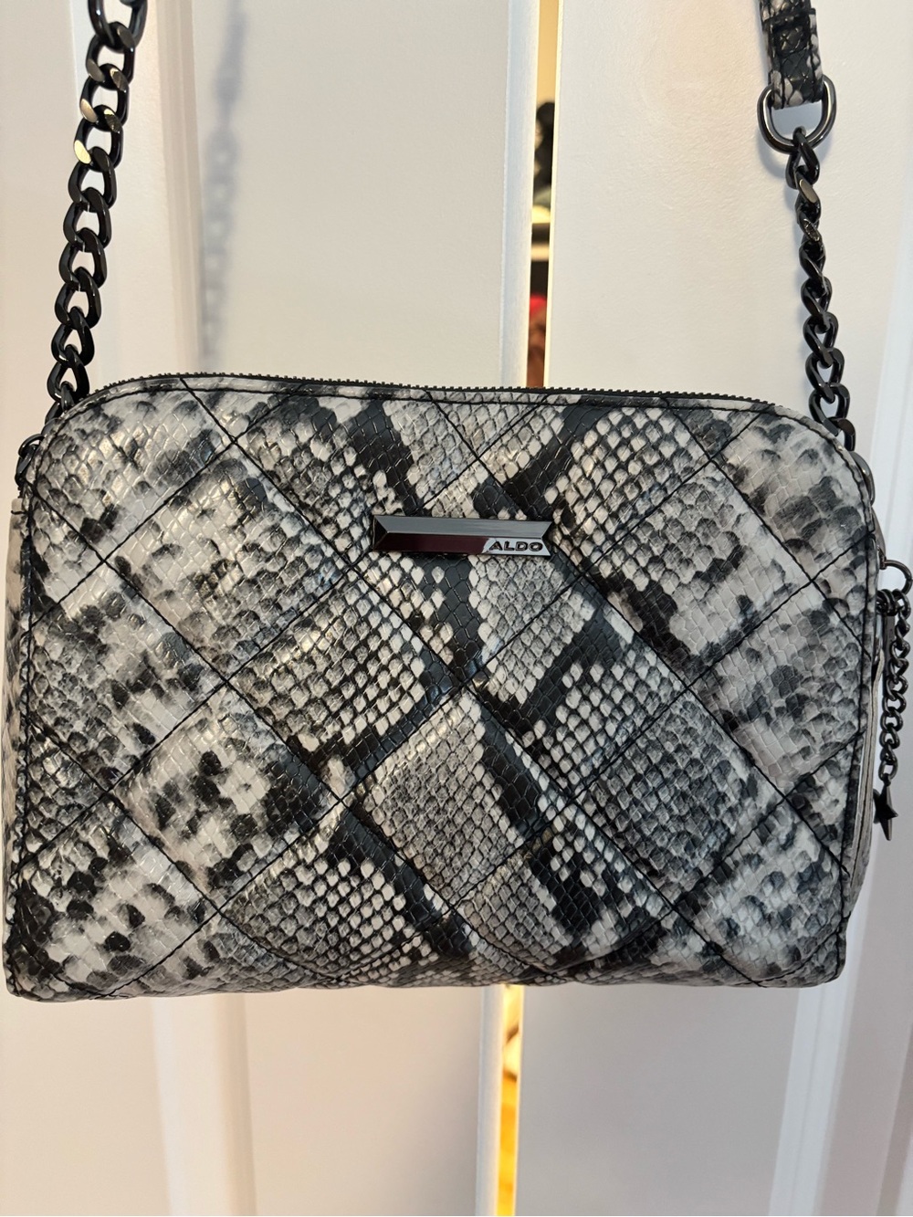 ALDO Black and White Snake-Print Quilted Crossbody Bag